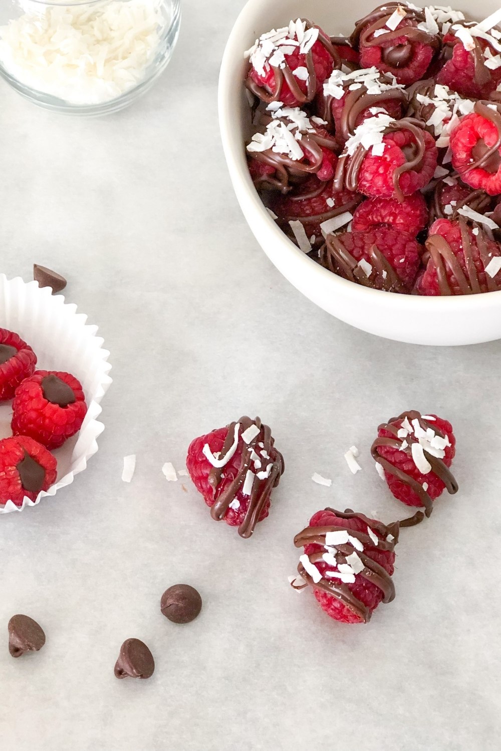 dark chocolate filled raspberries with coconut