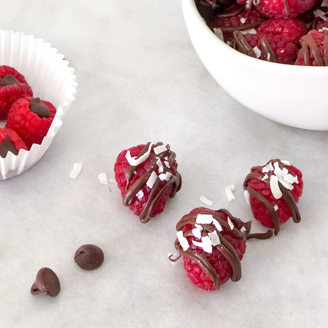 Dark Chocolate Filled Raspberries with Coconut