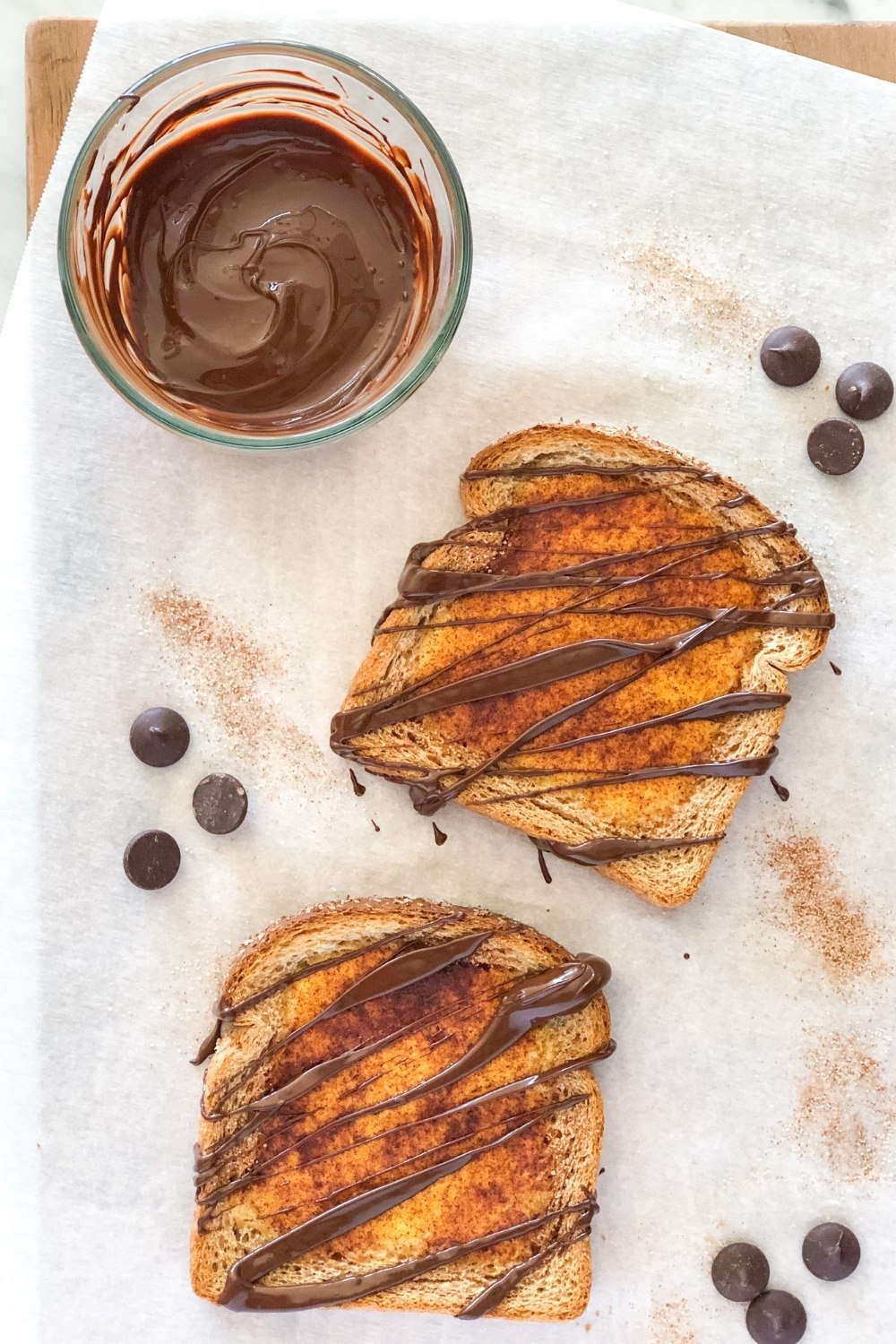 churro custard toast with chocolate drizzle and cinnamon sugar