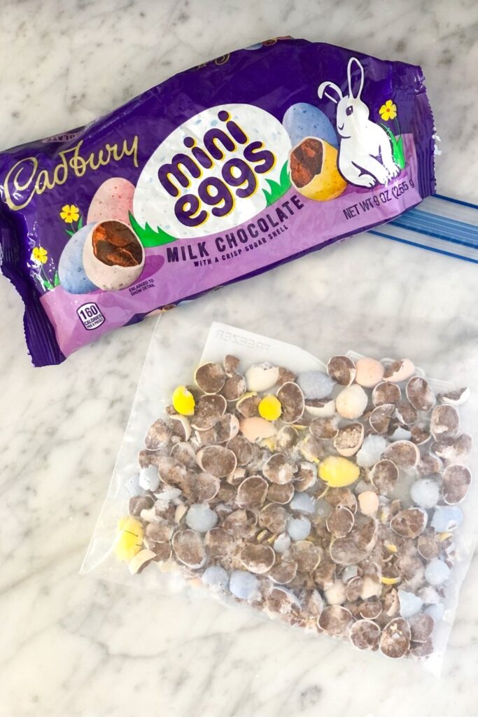 a ziploc bag of crushed chocolate eggs