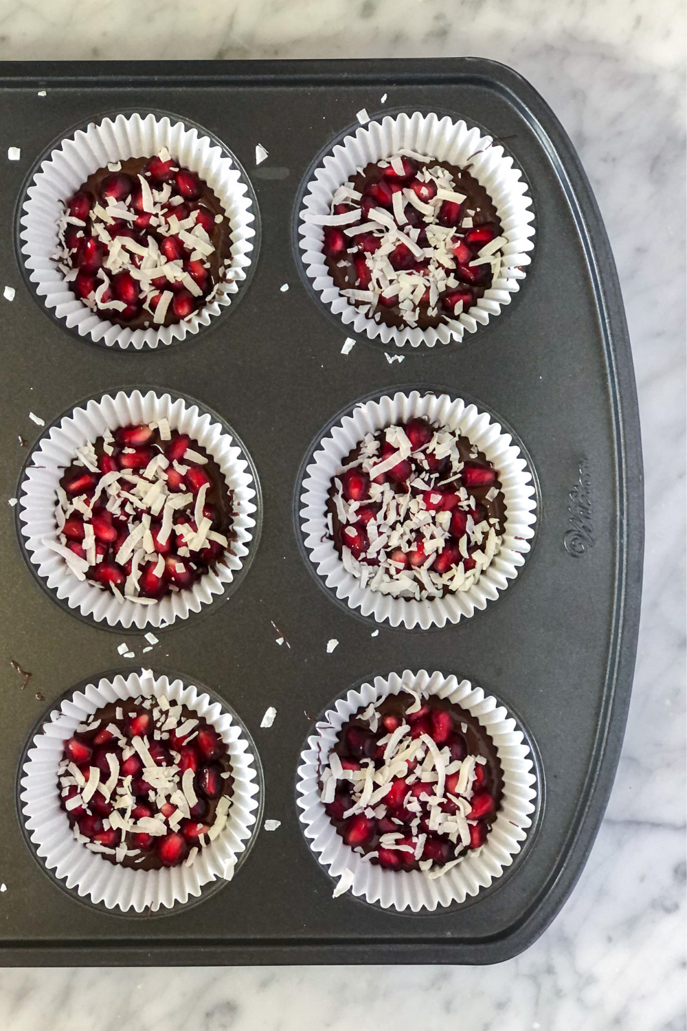 coconut sprinkled on pomegranate seeds and chocolate