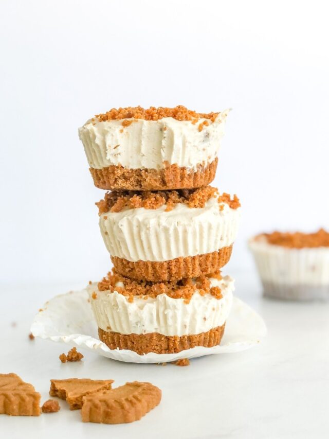 stack of mini biscoff cheesecakes with a lotus biscoff cookie beside it