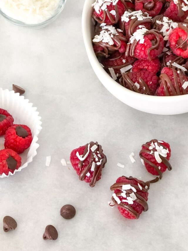dark chocolate filled raspberries with coconut
