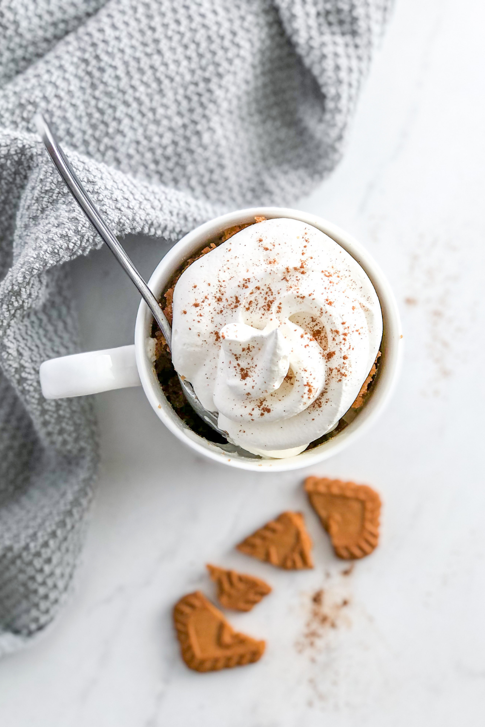 biscoff mug cake with whipped cream and cinnamon