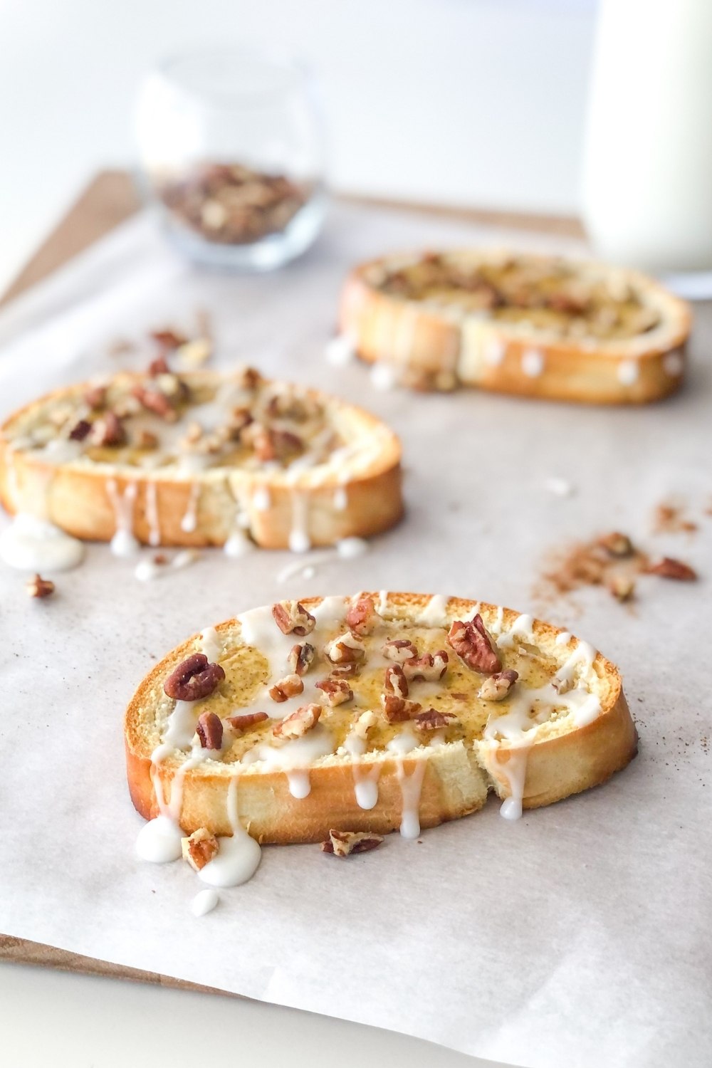 Chai Custard Toast with pecans and icing