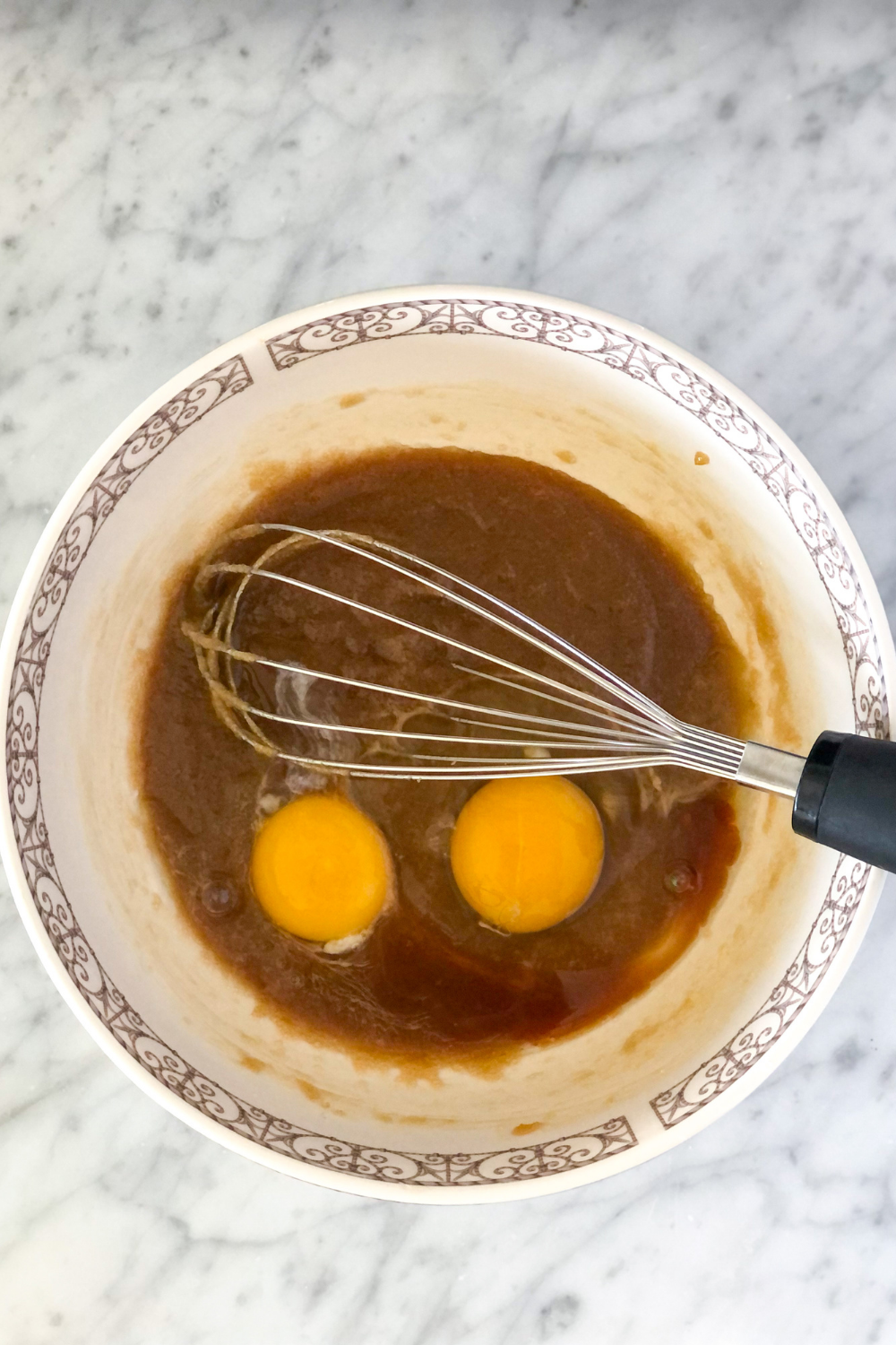 wet ingredients with eggs in a bowl