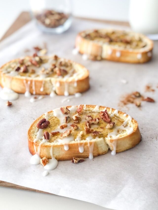 Chai Custard Toast with pecans and icing