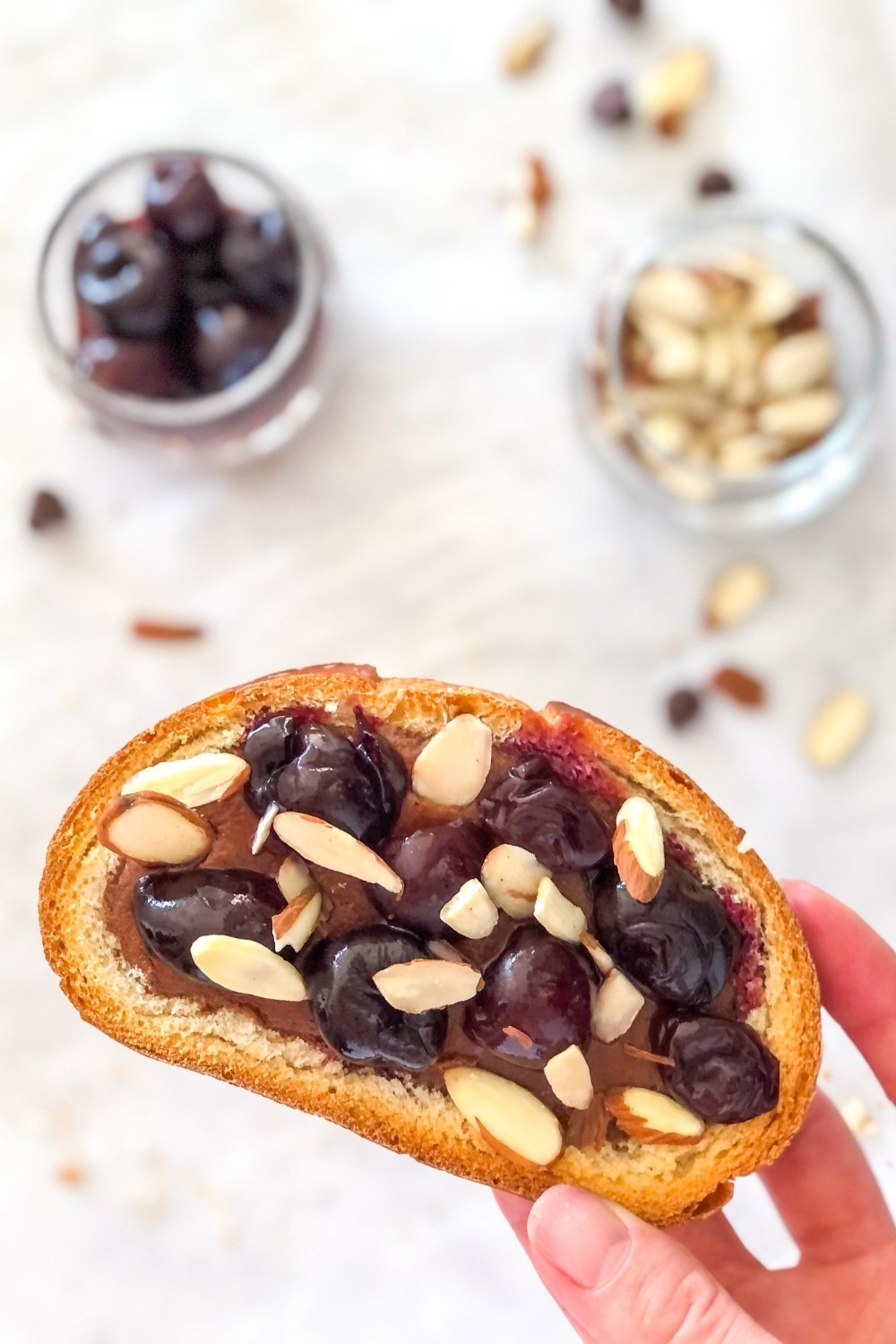 cherry chocolate custard toast with almonds