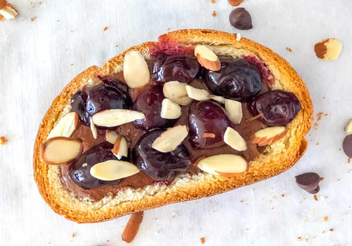 cherry chocolate custard toast with almonds