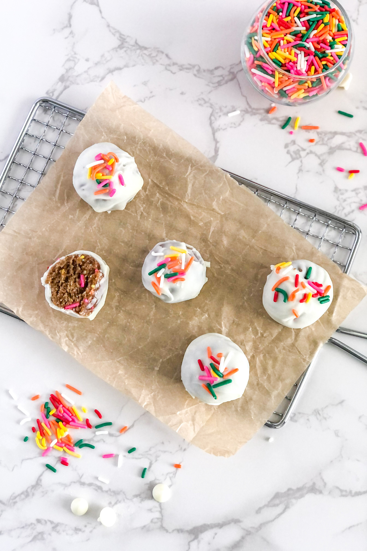birthday cake truffles with sprinkles and white chocolate chips