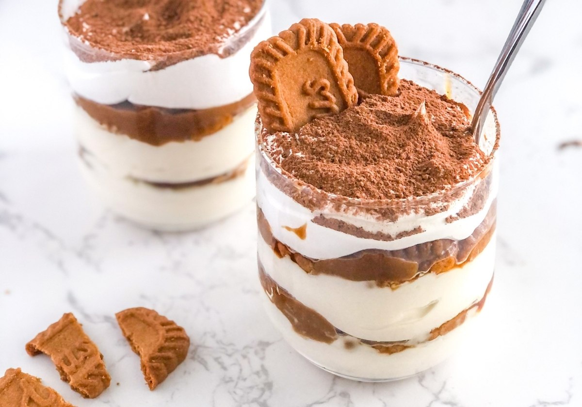 Biscoff tiramisu dessert cups with cocoa powder on top