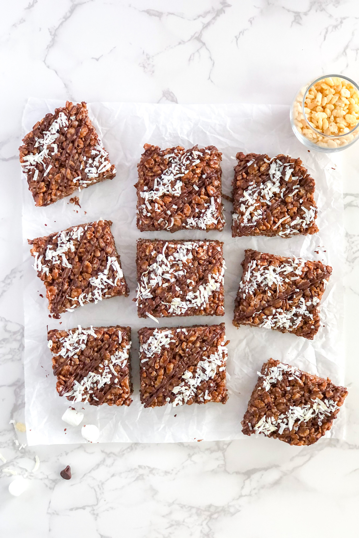 coconut rice krispie treats with cocoa powder