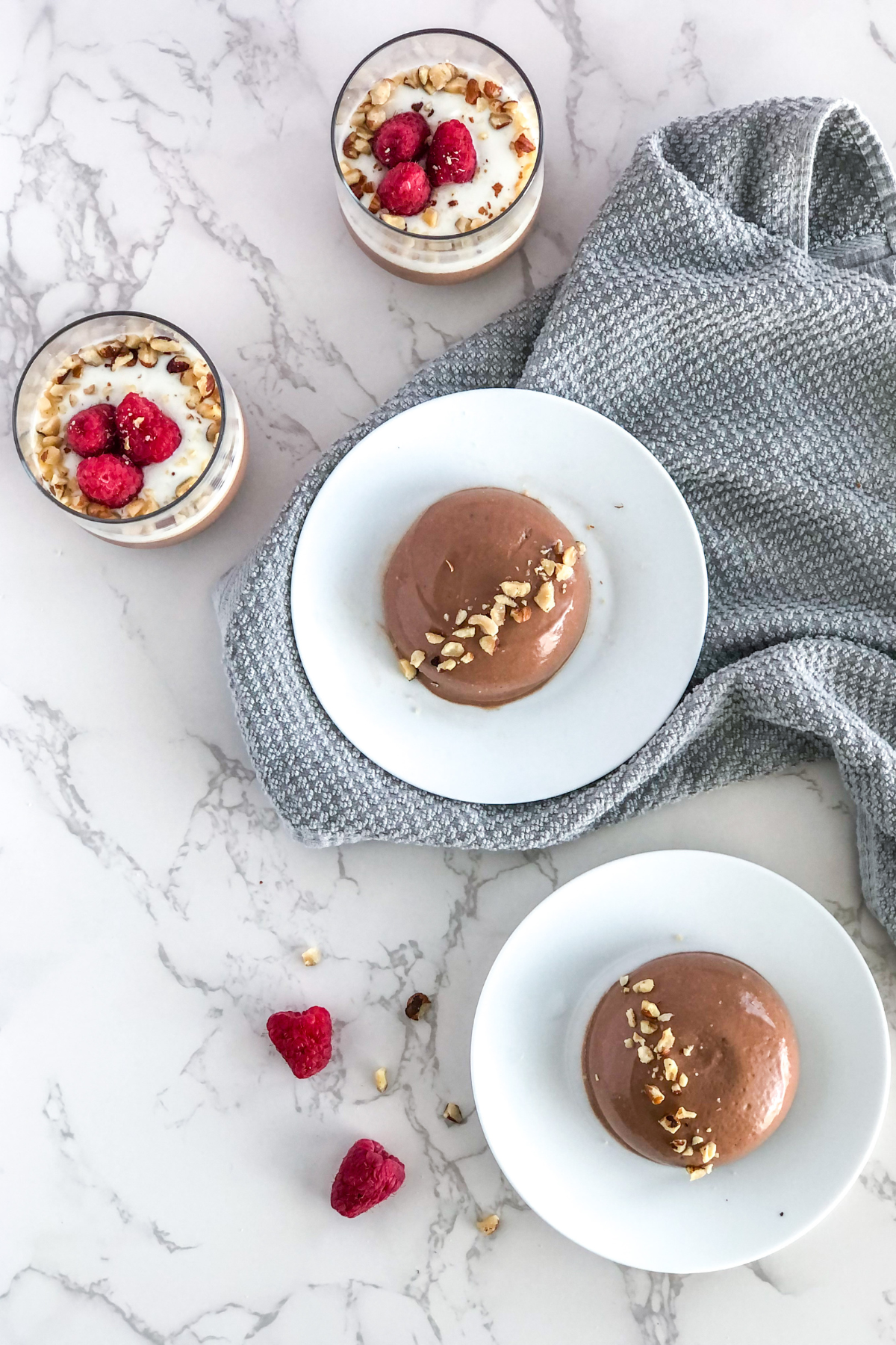 chocoalte Nutella panna cotta with Greek yogurt and raspberries