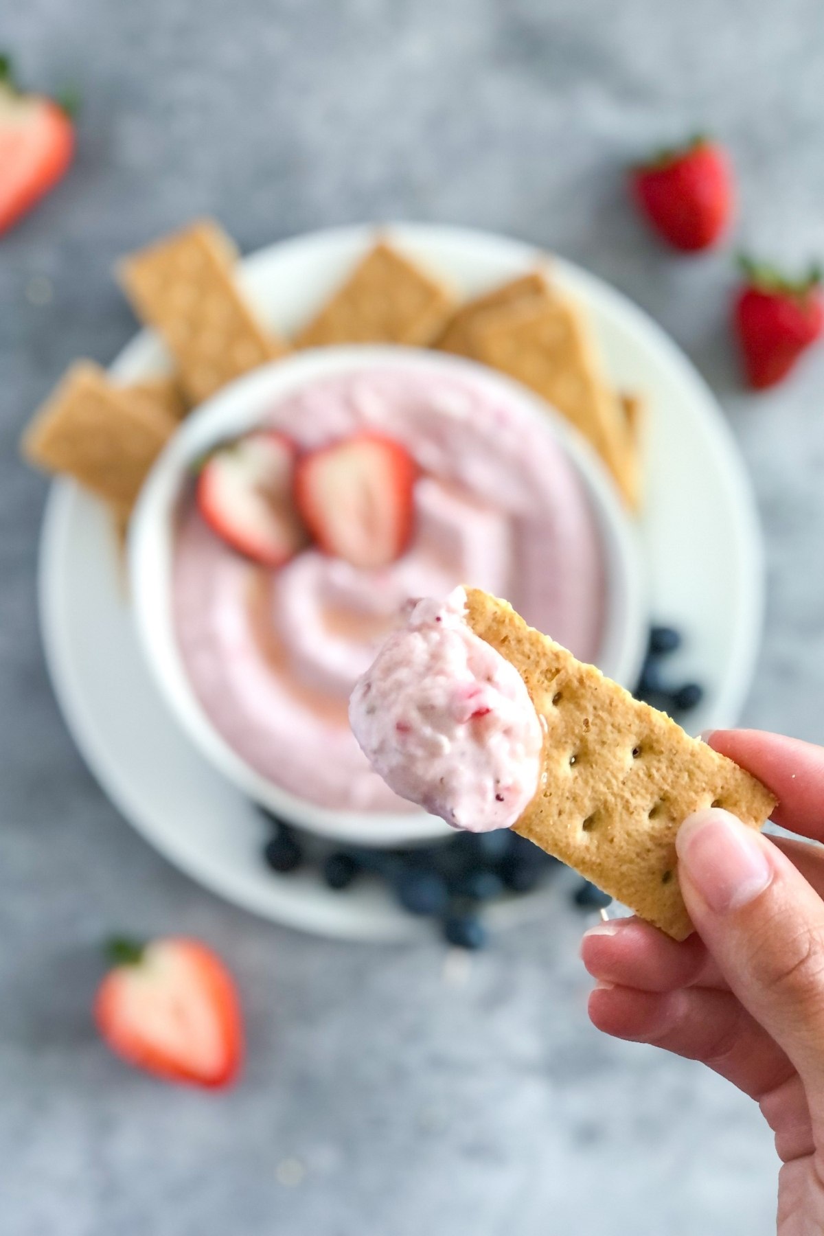 graham cracker with strawberry dip