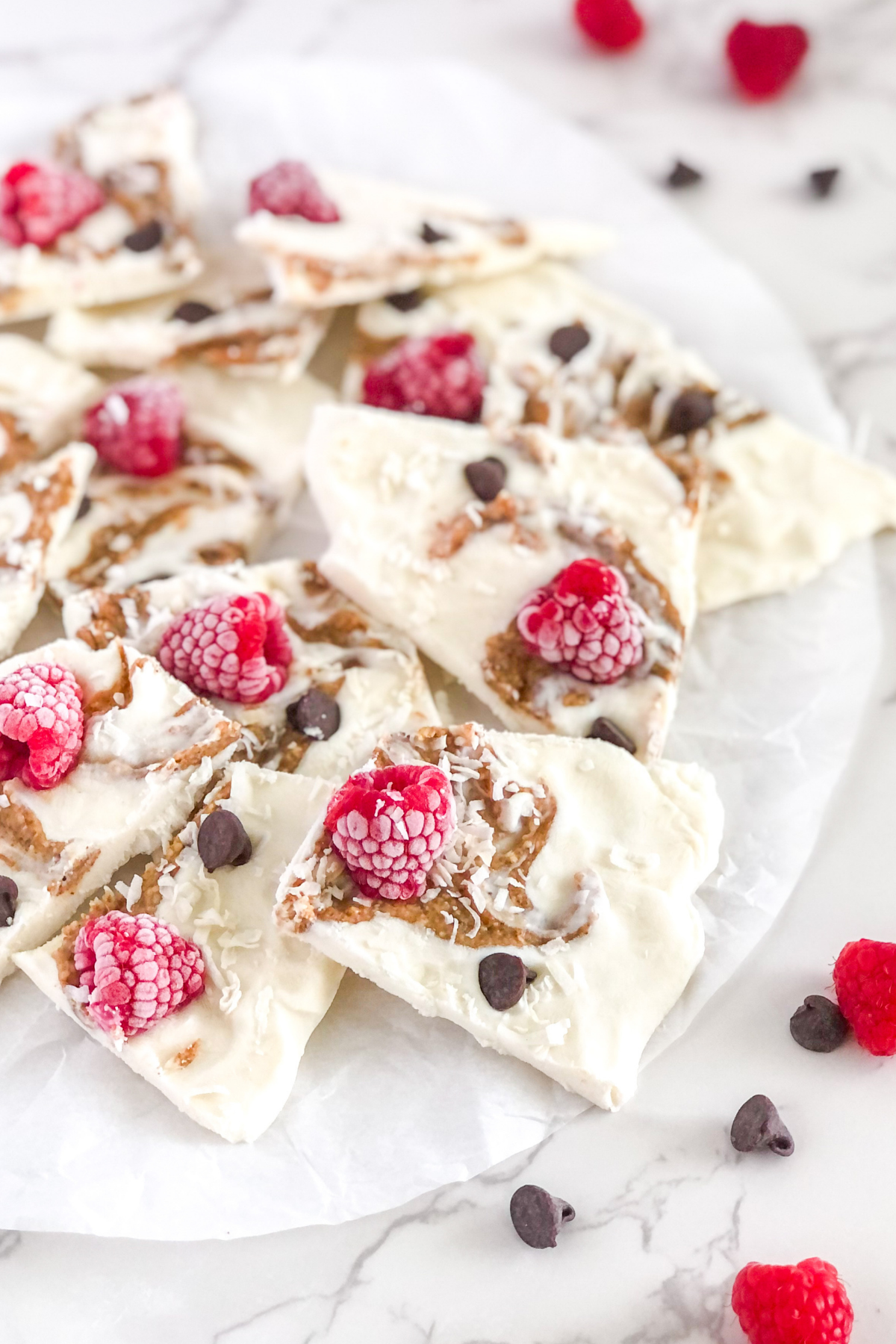 close up of frozen yogurt bark with raspberries