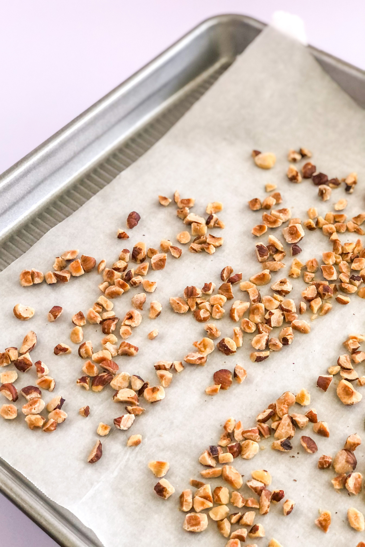 toasted hazelnuts on a sheet pan with parchment paper