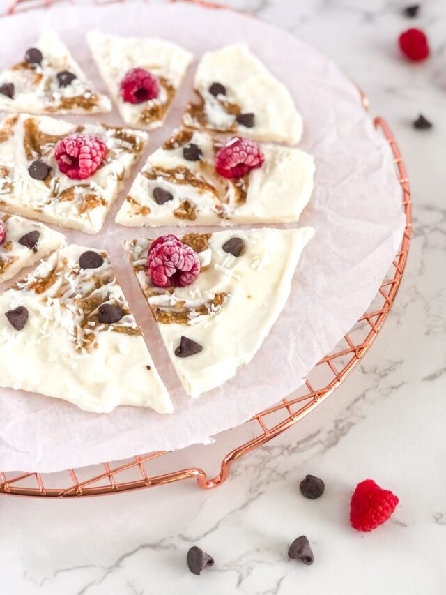 almond butter yogurt bark with raspberries and chocolate chips