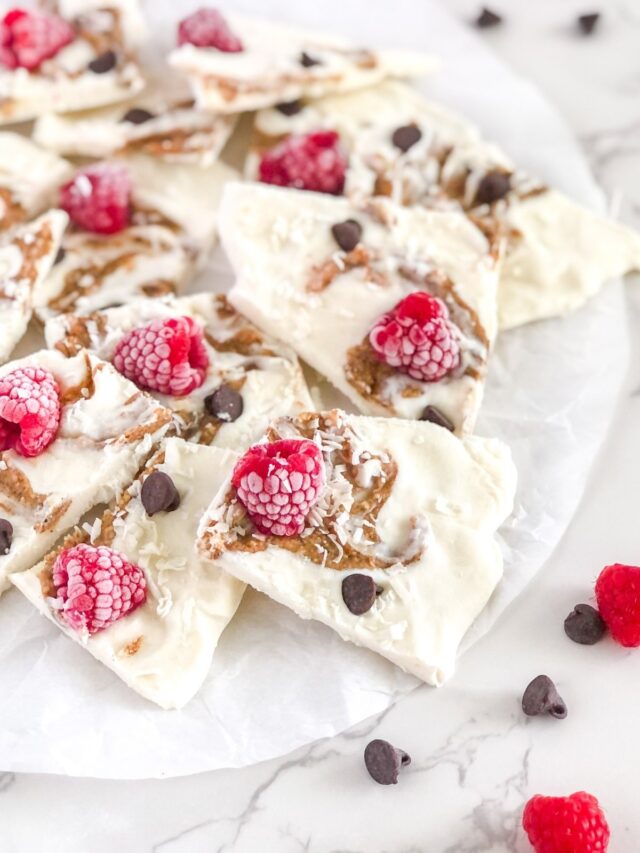 close up of frozen yogurt bark with raspberries