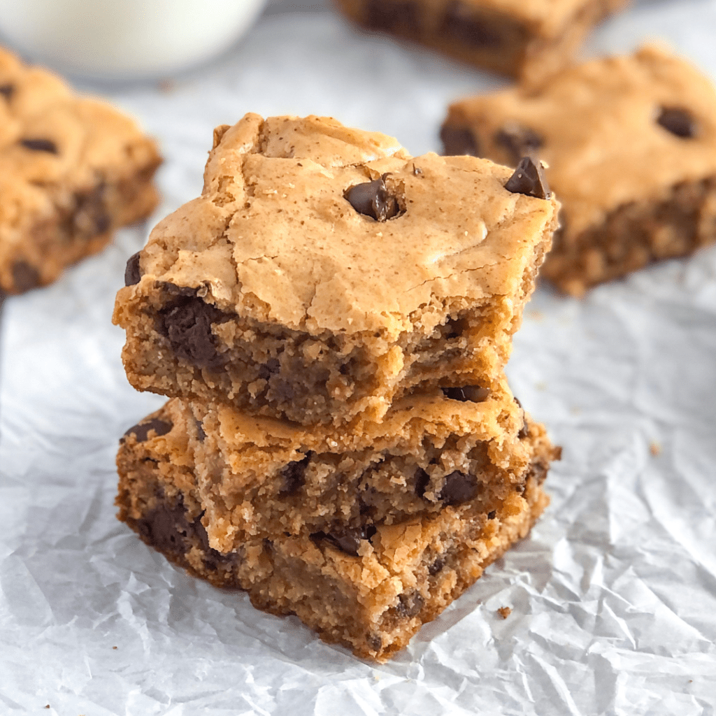 a stack of almond butter cookie bars with chocolate chips