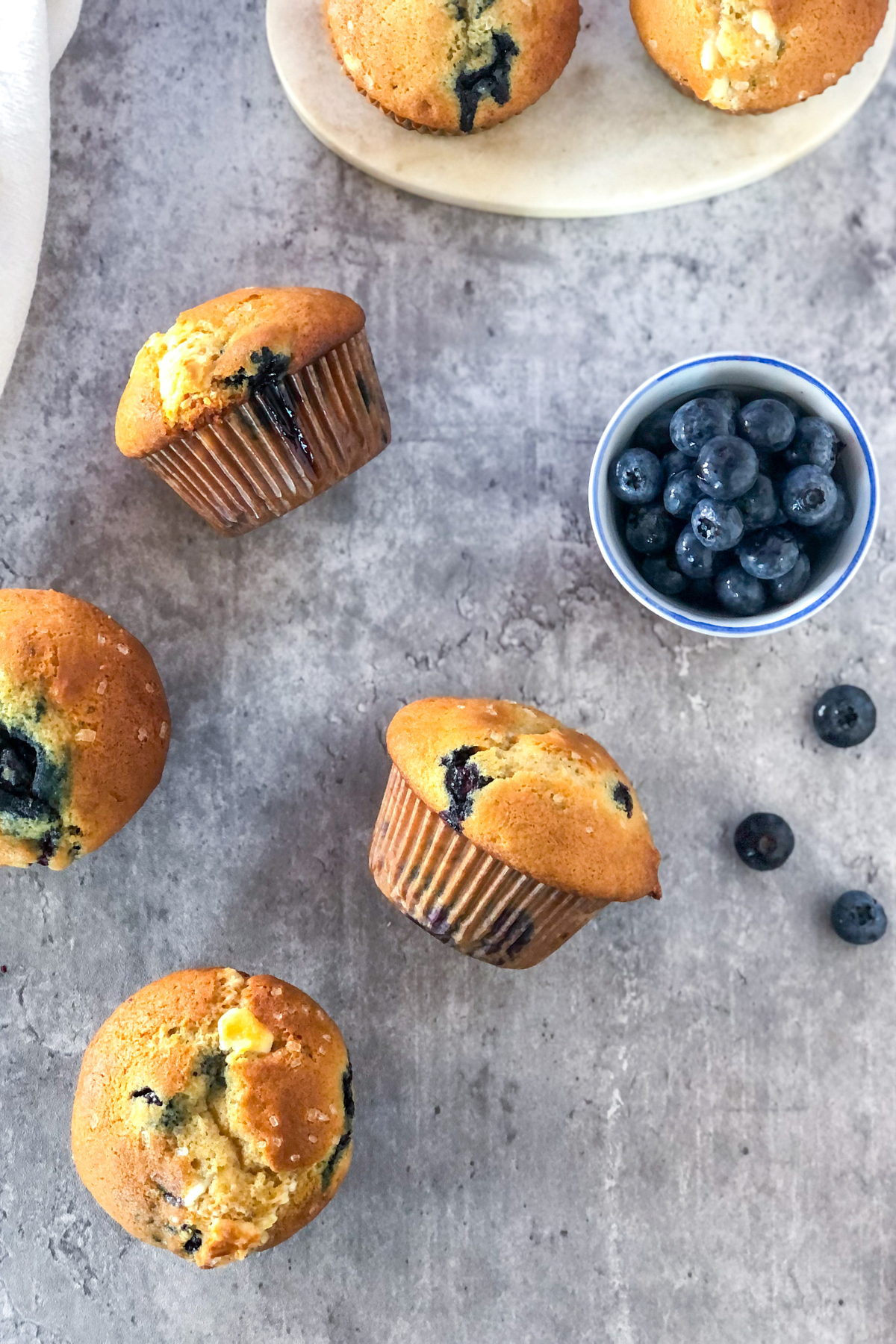 blueberry muffins with white chocolate on a grey surface