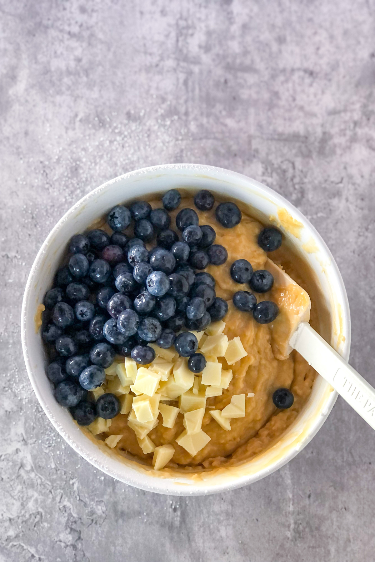 blueberry muffin batter with white chocolate chunks