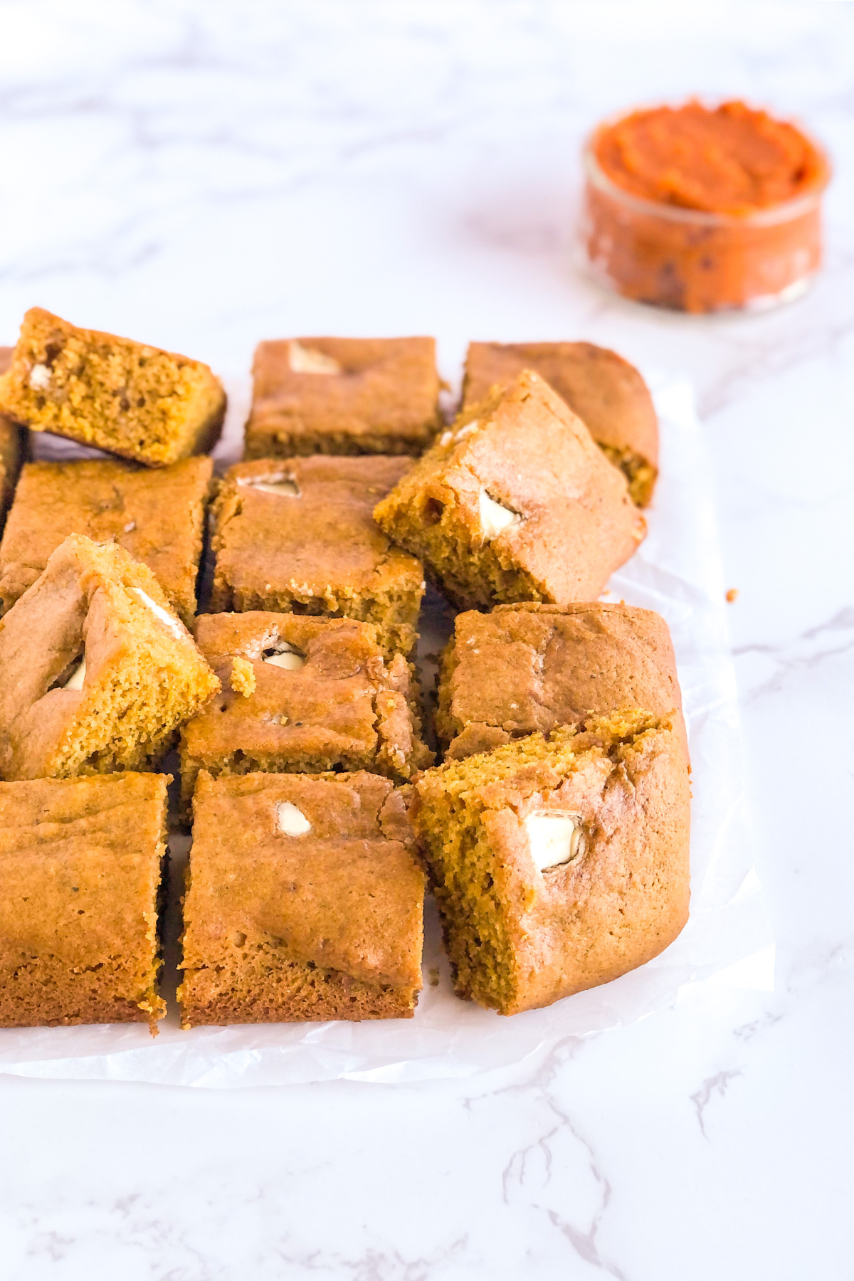 pumpkin snack cake with white chocolate chunks