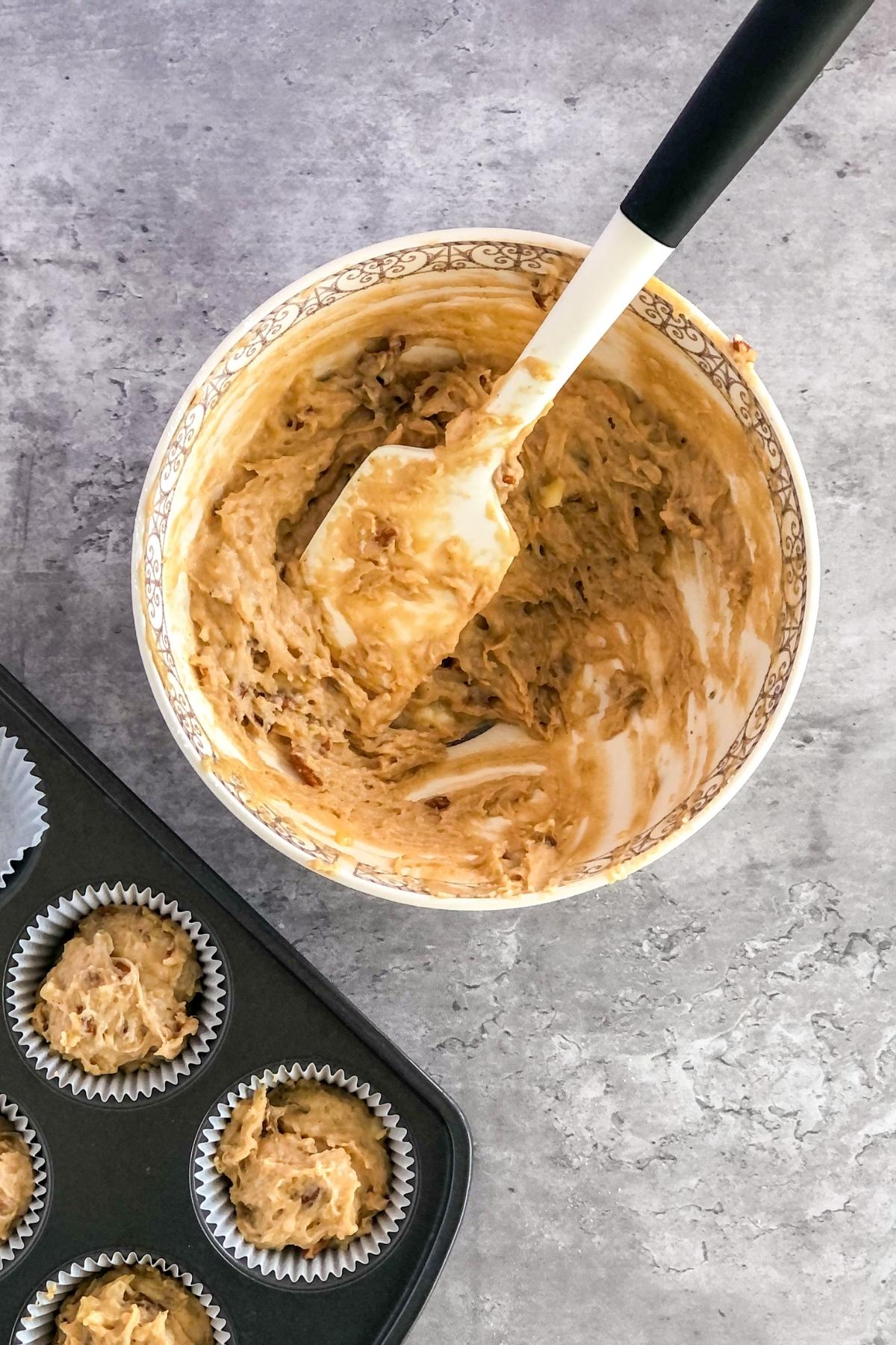 muffin batter in a bowl with a spatula