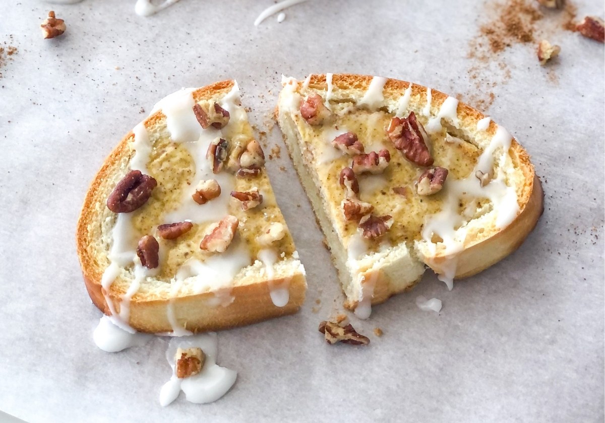 chai custard toast with pecan icing