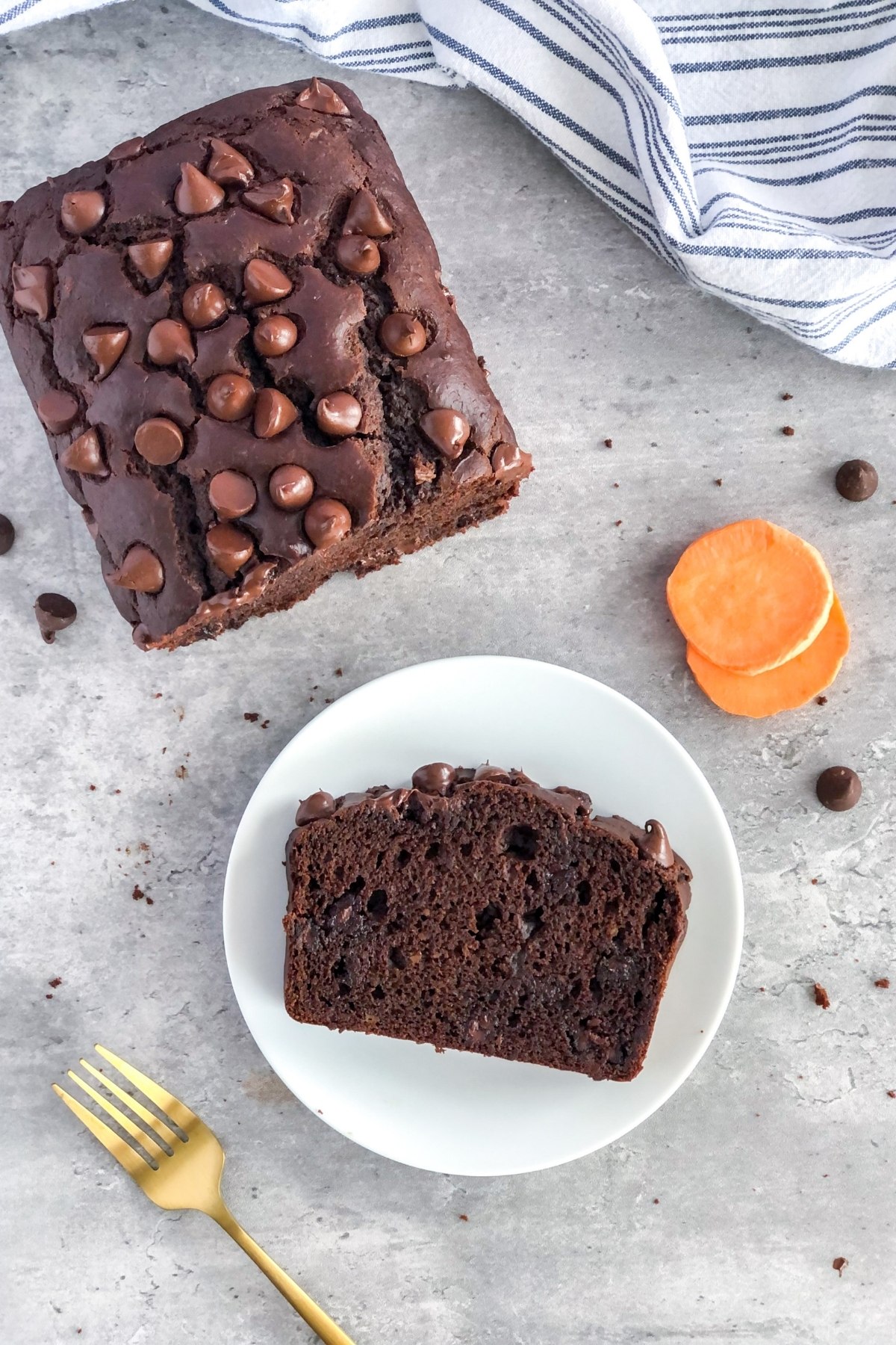 double chocolate sweet potato bread on a plate with a gold fork