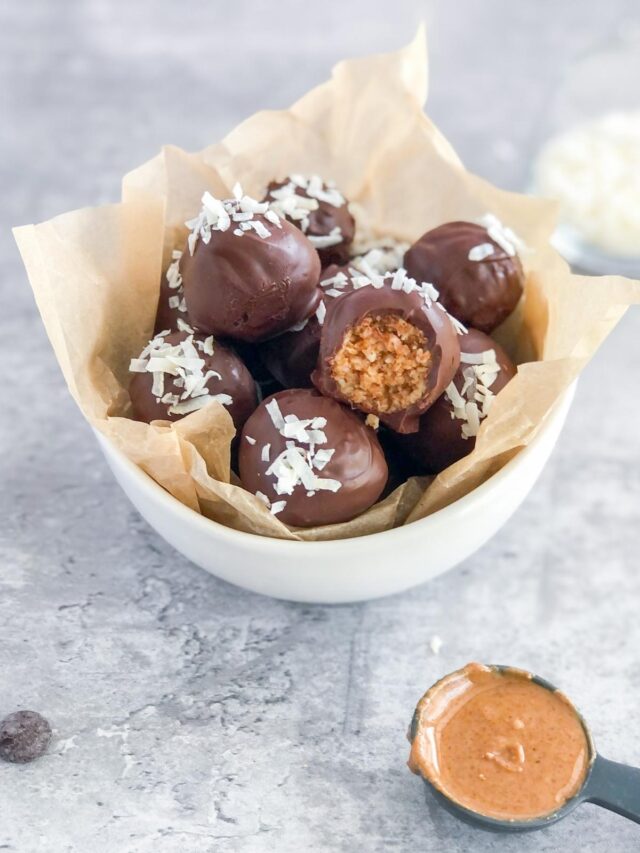 dark chocolate coconut truffles in a bowl