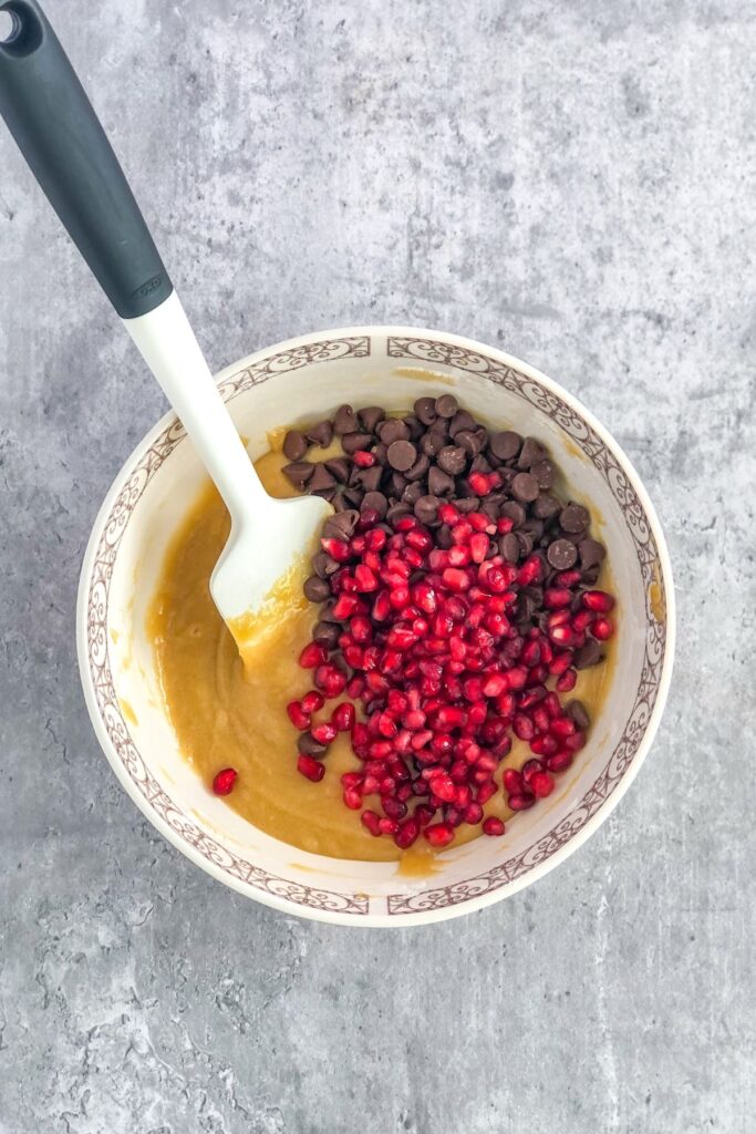 pomegranate seeds and chocolate chips in a bowl