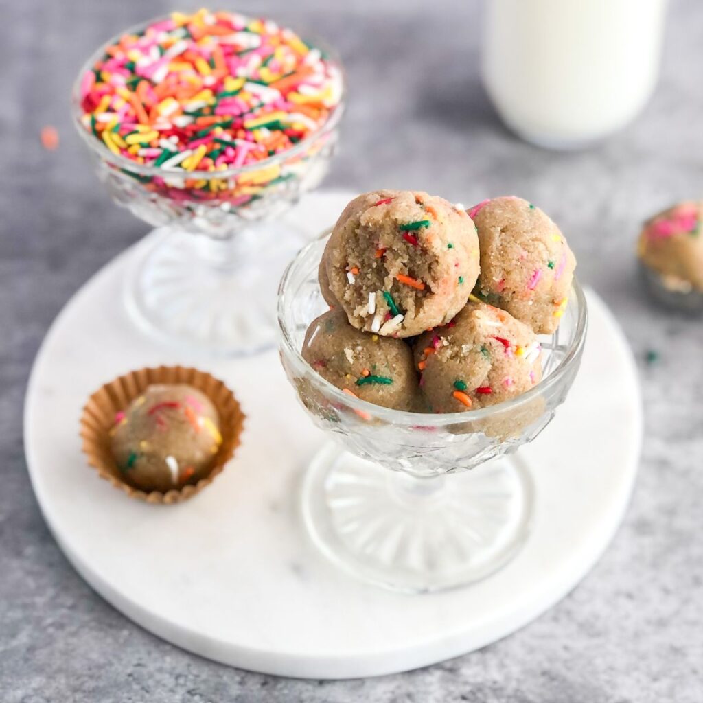 edible sugar cookie dough balls in a parfait glass