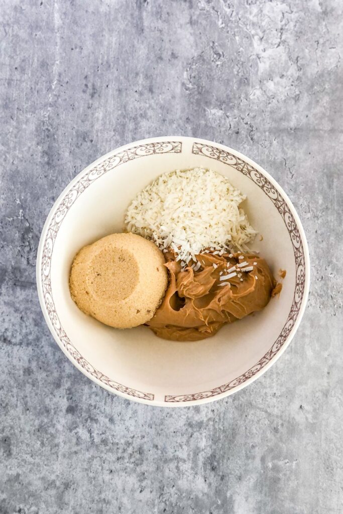 brown sugar, peanut butter, and coconut in a bowl